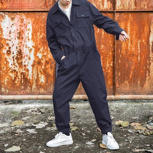 

men's pants fashion men cargo overalls punk style pockets loose solid color long sleeve rompers jumpsuit streetwear 2021, Black