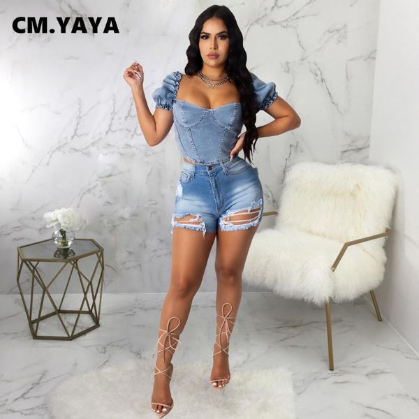 

cm.yaya women short jeans ripped sheath elastic mid wasit zipper pockets mini denim shorts female fashion streetwear summer women's, Blue