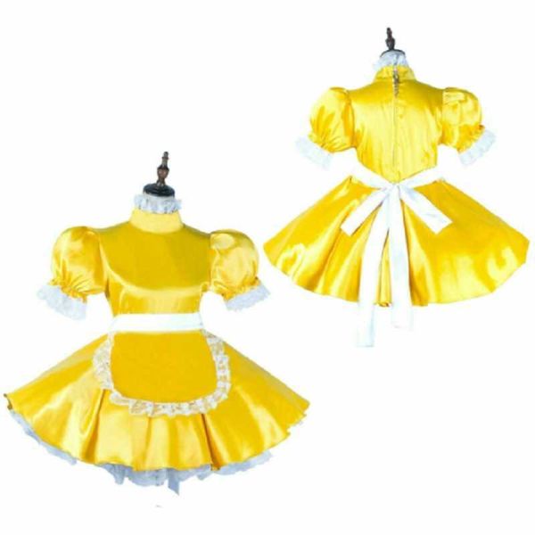 Gelbes, abschließbares Dienstmädchen-Kleid aus Satin, Cosplay-Kostüm, maßgeschneidert, Y0913