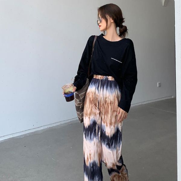 

missnight wide leg tie dye womens capris loose korean style elastic waist drawstring streetwear casual long, Black;white