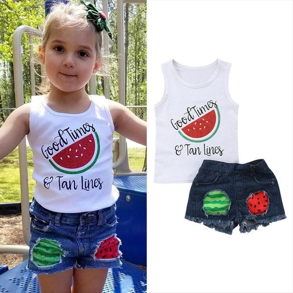 

kids baby girl summer sleeveless watermelon vest short jeans denim pants outfits clothes set ss, White