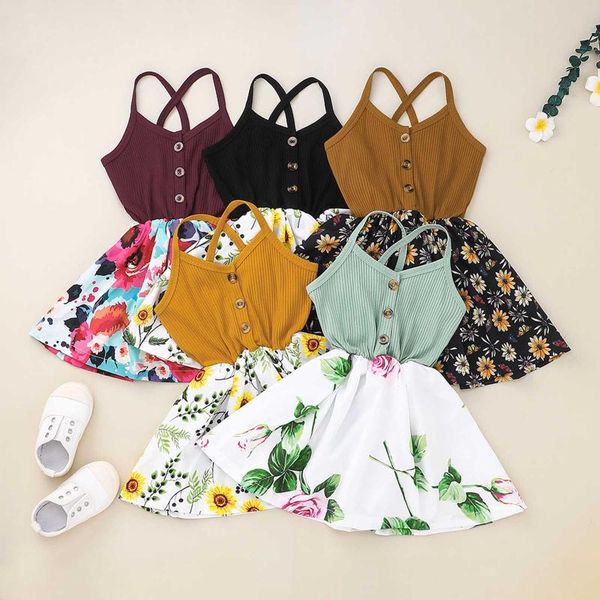 

girl's dresses toddler baby girl dress fashion summer casual french ribbed sling stitching printed girls clothes vetement fille, Red;yellow