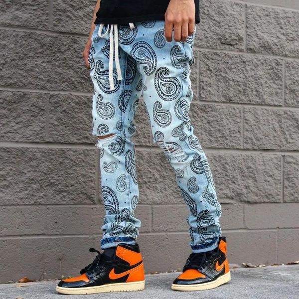 

men's jeans mens printed ripped knee holes casual slim trousers male plus size pencil pants denim skinny for men, Blue
