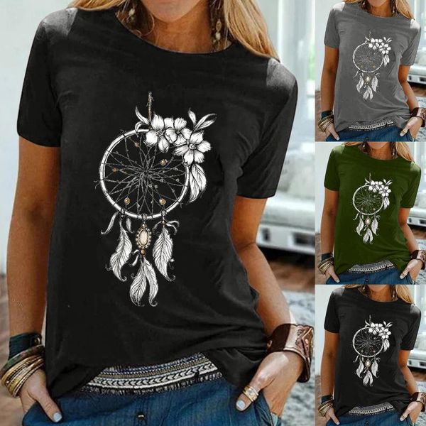 

women's t-shirt flower dreamcatcher harajuku o-neck kawaii street summer casual clothing short sleeves, White