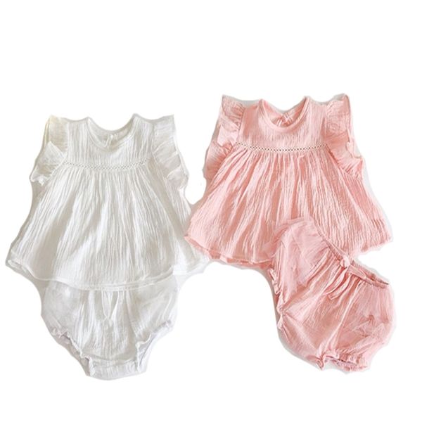 

summer cotton female baby jumpsuit flying sleeves loose bottoming shirt gauze pants two-piece children's jumps 210417, Blue