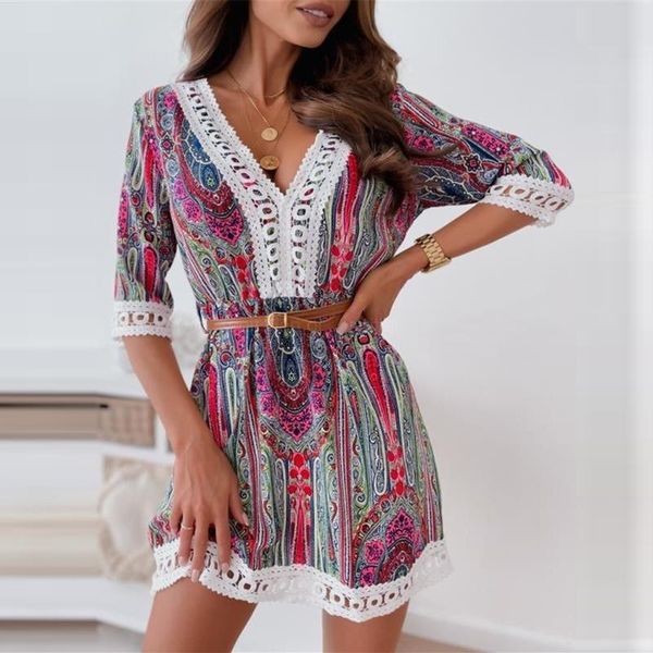 

women's swimwear floral print ethnic summer beach dress women casual v-neck splicing lace sundress cover-up high-waisted boho mini, White;black