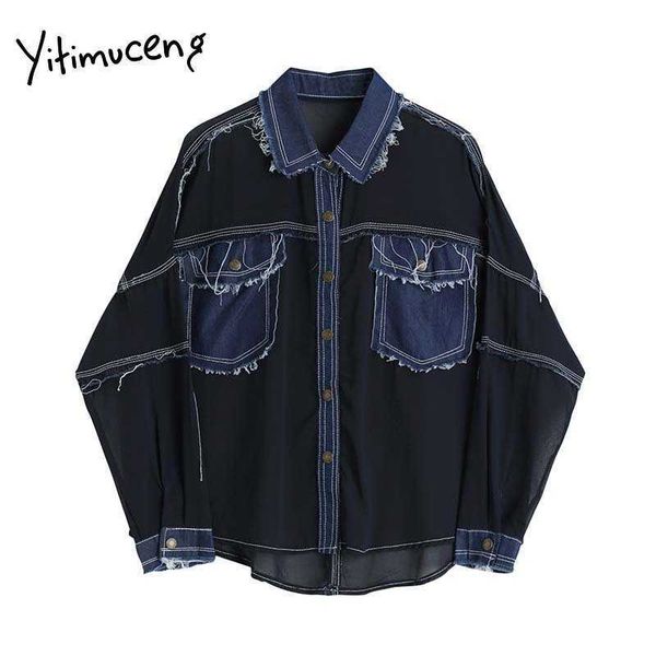

yitimuceng denim blouse women vintage tassel casual straight button up shirts long sleeve spring korean fashion 210601, White