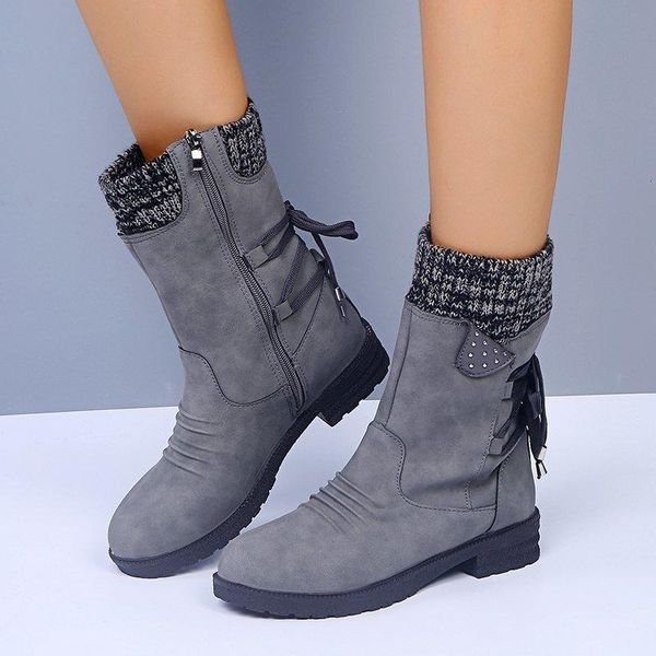 

boots winter women basic mid-calf round toe zip platform decor female shoes warm lace up booties long, Black