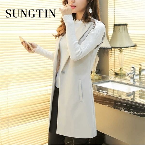 

sungtin classic women long blazer vest elegant office lady coat female waistcoat causal suits sleeveless jacket plus size, Black;white