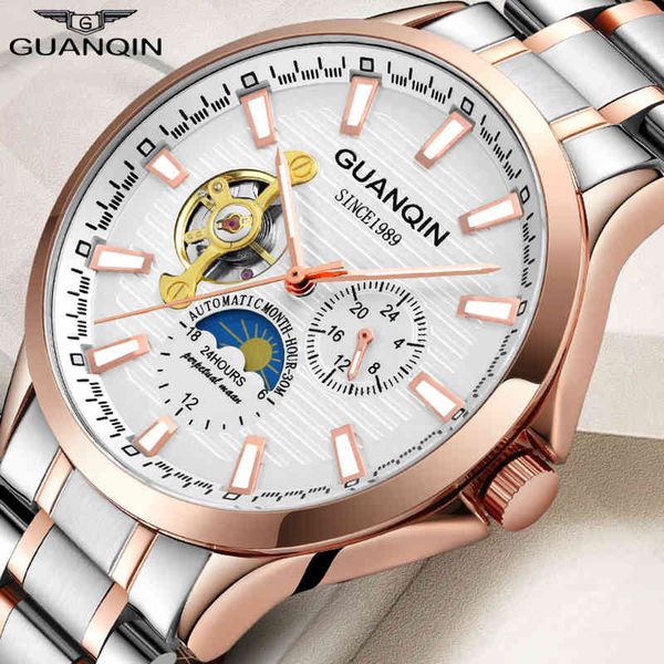 

2021 fashion guanqin men watches fire luxury skeleton leather steel tours automatic mechanical, Slivery;brown