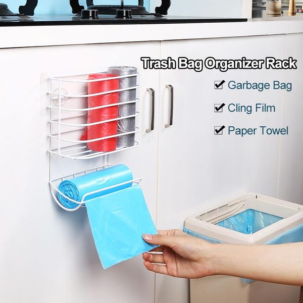 

garbage bag rack kitchen storage trash organizer plastic shelf wall mount punch-carbon steel & organization
