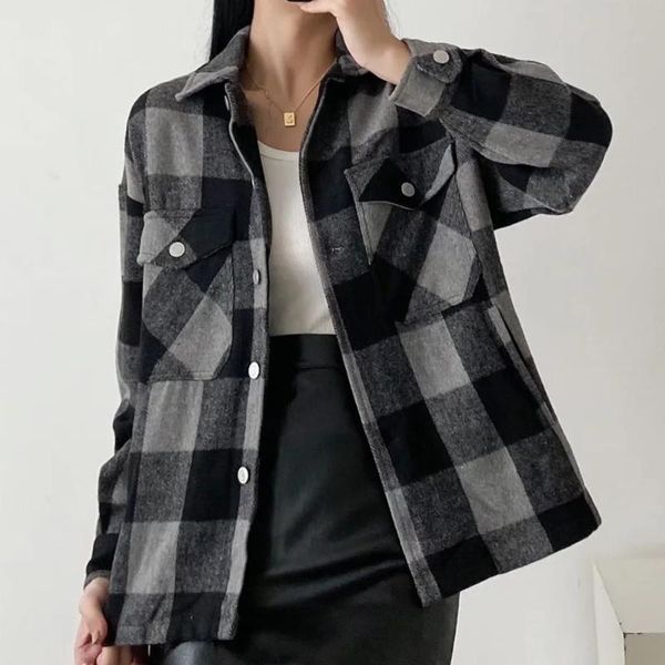 

women's jackets plaid jacket coat women 2021 fall winter loose shirts vintage lapel long sleeve outerwear chic casual clothing, Black;brown