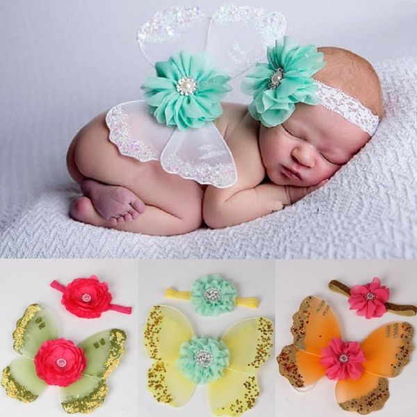 Bonito recém-nascido fotografia adereços diamante bebê menina borboleta trajes hairband floral asas fotos acessórios faixa 210413