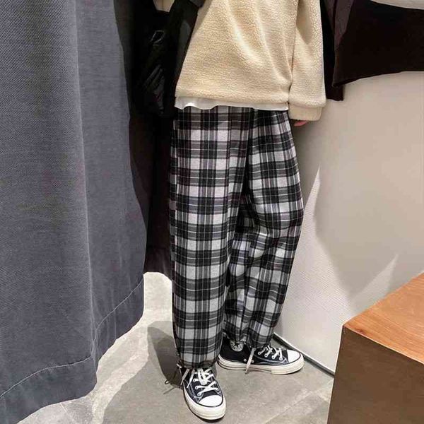 

men's pants spring cotton woolen fashion retro casual plaid men streetwear hip-hop straight wide-leg mens trousers gmqm, Black