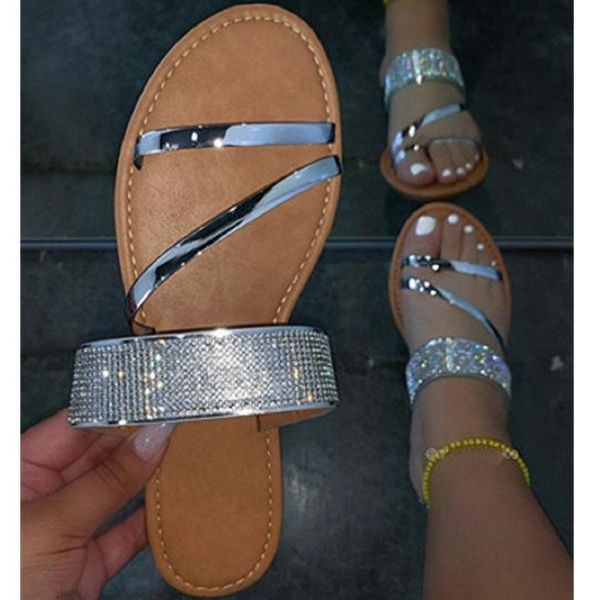 

women slippers summer flat flip flops beach open toe sandals silver rhinestone ladies shoes outdoor female slides, Black
