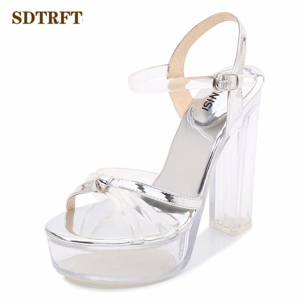 

dress shoes sdtrft summer ankle strap sandals female crystal woman 13cm thick high heels transparent platform pumps sandalias, Black