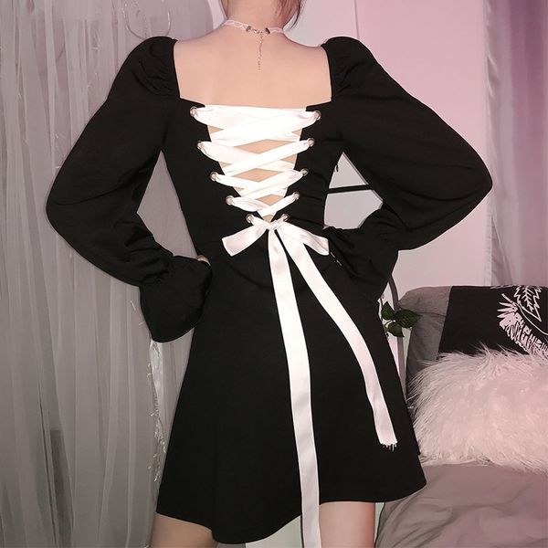 

a- line dress women clothes long-sleeve high waist back cross straps little black vintage elegant 575i 210420, Black;gray