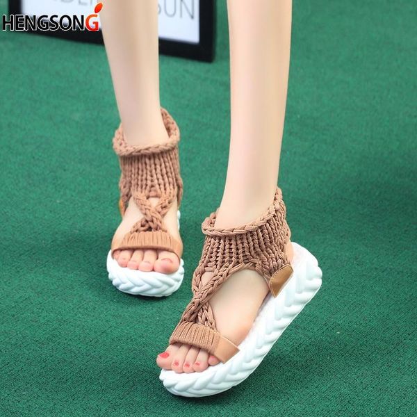 

designer women platform sandals hand woven shoes woamn summer creepers thick heel flat zapatos mujer, Black