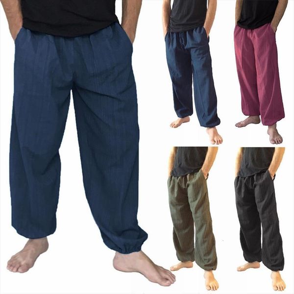 

plus size cotton linen women pants long solid color wide leg loose casual trousers, Black