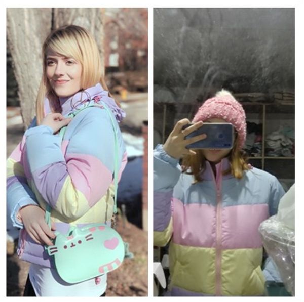

soft cute girl small frh rainbow contrast color loose thickened cotton coat style of female winter student bread suit, Black