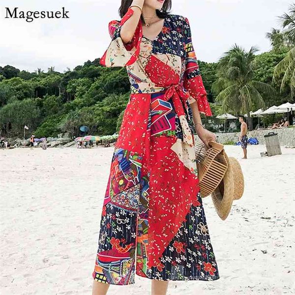 

autumn vestido women dress v-neck print chiffon loose bohemian empire holiday high split beach es 3298 210512, Black;gray