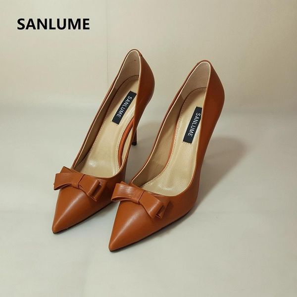 

dress shoes sanlume handmade tire cowhide summer caramel color 9.5 cm high heels office women pumps mujer elegant style comfortable s, Black