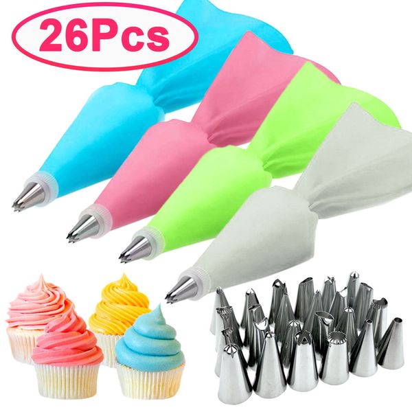 Strumenti per decorare torte 8/26 pezzi / set Suggerimenti per sacchetti di pasticceria in silicone Borse a tracolla riutilizzabili ripiene di crema da cucina 24 ugelli