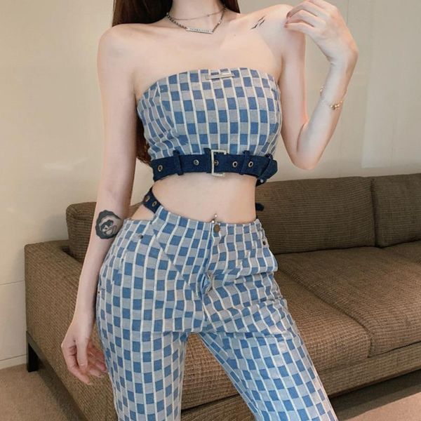 

women's two piece pants summer set women sleeveless plaid camisole crop + high waist long flare pant suits fashion, White