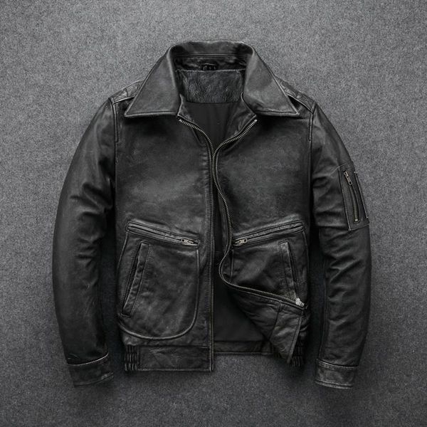 

men's leather & faux 2021 vintage men jackets cowhide motorcycle genuine motor clothing distressed coat, Black