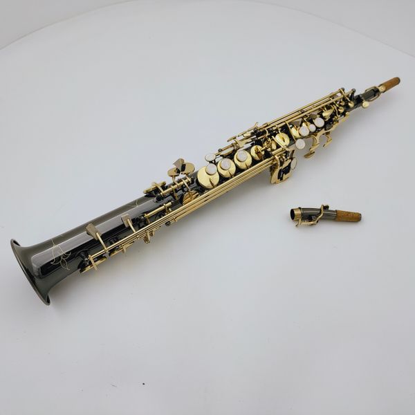 Suzuki Sopransaxophon B, flaches, schwarz vernickeltes Holzblasinstrument mit goldenem Tastenetui, Mundstück-Zubehör