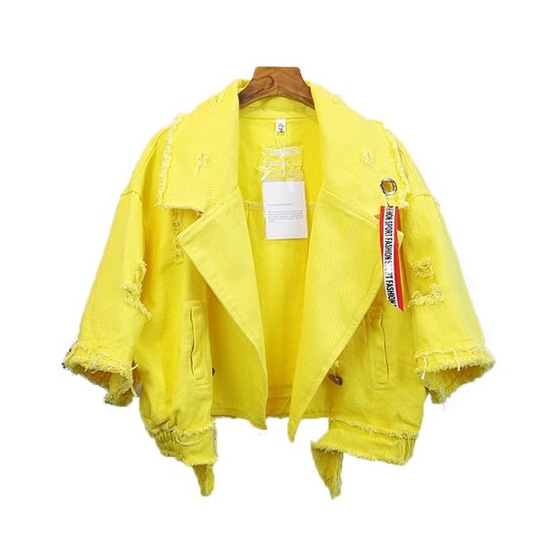 

women's jackets [ewq] spring short sleeve denim jacket women short burr hole cutout trend design korean chic sports yellow tassel coats, Black;brown