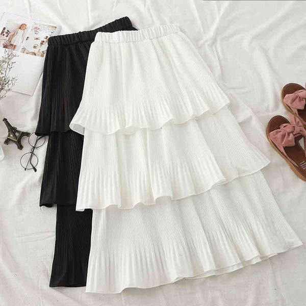 

skirts summer cakee layered pleated skirt elegant solid ruffled women's tiered mid-calf long skirts, Black