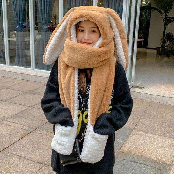 

berets 2021 fashion scarf hat glove 3 piece women cute big ear winter warm soft thickening pocket hats hooded solid plush cap, Blue;gray