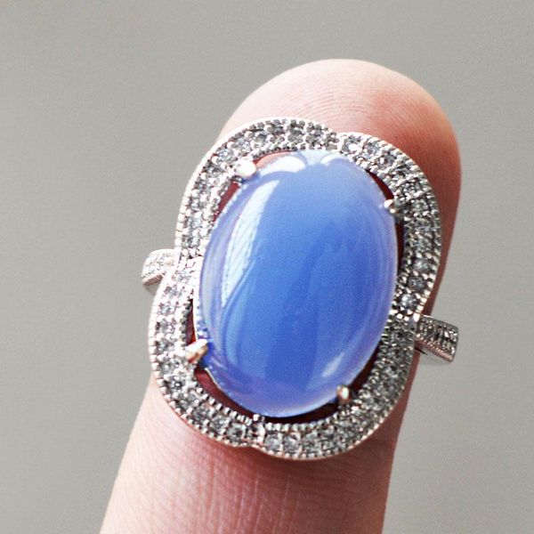 

cluster rings women s925 jade stone blue green agate chalcedony zircon silver circle gift for female's fine jewelry, Golden;silver