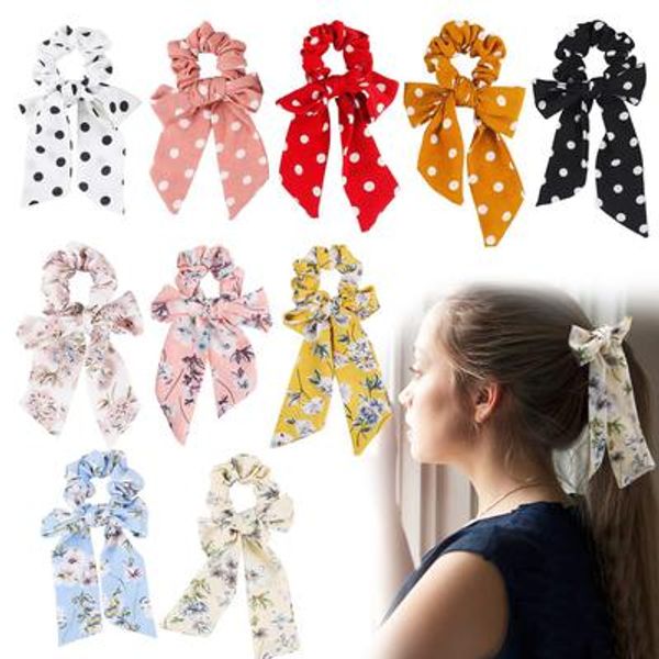 

barrettes rose floral hair scrunchies women accessories hair bands ties ponytail holder rubber rope decoration long bowknot, Slivery;white
