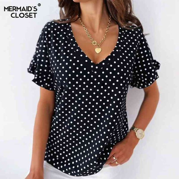 

women's knits & tees summer v neck polka dot blouses women casual short ruffles sleeve work blouse ladies chic office purple, White
