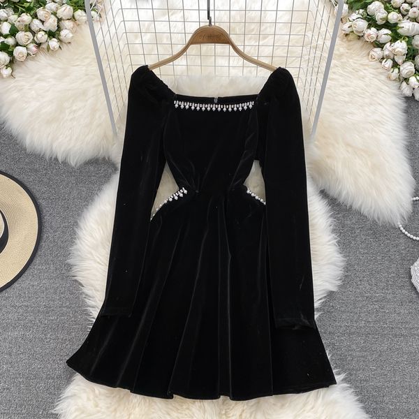 Novo design feminino retrô gola quadrada manga longa strass remendado cintura alta tecido de veludo vestido de baile vestido preto curto