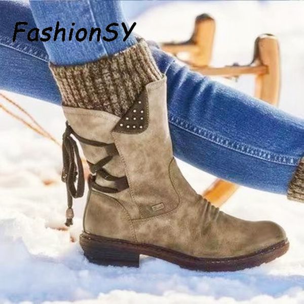 

warm suede women autumn winter vintage flat lace up ladies shoes snow boots knitting patchwork female 0z0u, Black