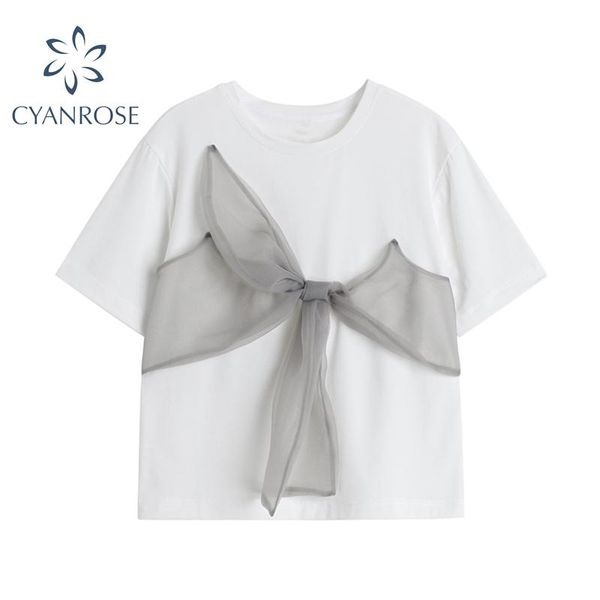 

women's t-shirt bows hollow out mesh patchwork women t shirts 2021 summer streetwear korean style casual basic o neck short sleeve lady, White