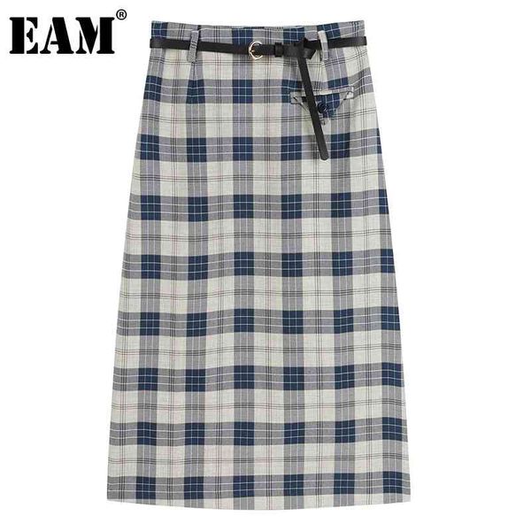 

[eam] high elastic waist blue plaid belt pocket asymmetrical half-body skirt women fashion spring summer 1dd7265 210512, Black
