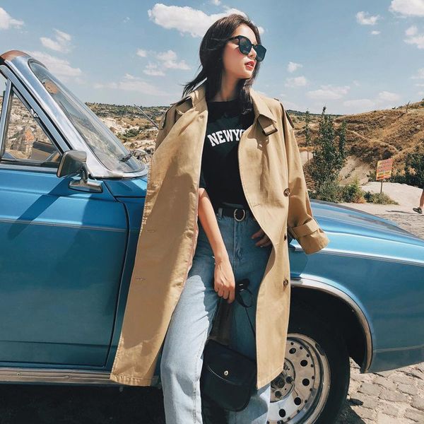 

women's trench coats windbreaker female middle long 2021 thin coat spring and autumn clothes lace up fashion, Tan;black