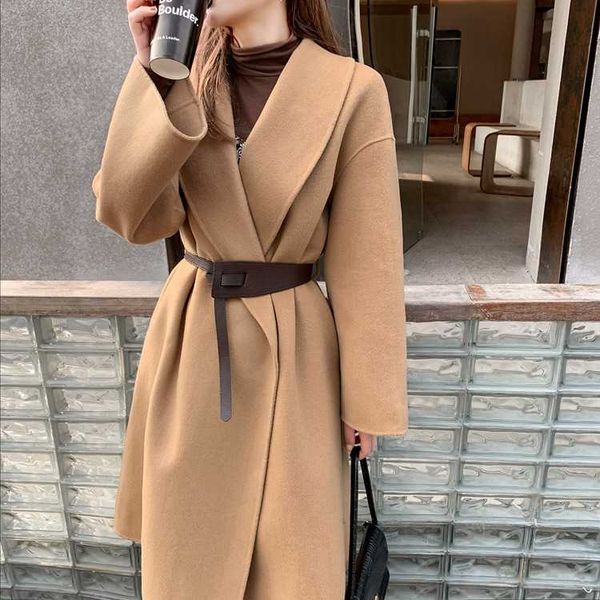 

women's wool & blends lapel collar double face wrap coat female plus size winter warm loose cashmere blend cardigan long outerwear, Black