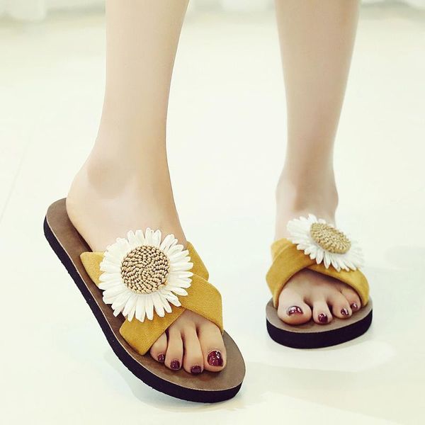 

slippers women summer 2021 flat heels beach shoes flock breathable flowers sandals casual slipper flip-flops, Black