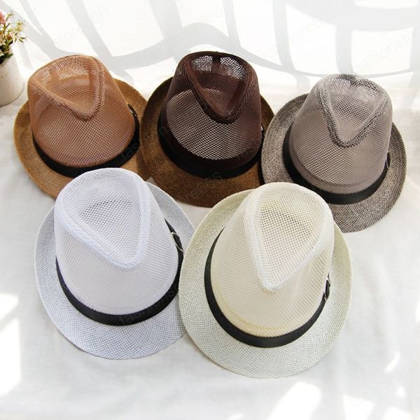 Estate primavera moda donna cappello di paglia intrecciato cappello da sole a tesa larga con nastro cappelli da spiaggia tondi piatti per vacanze all'aperto