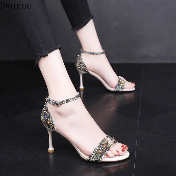 

sandals 2021 summer korean version of fine with wild rhinestone word buckle, Black
