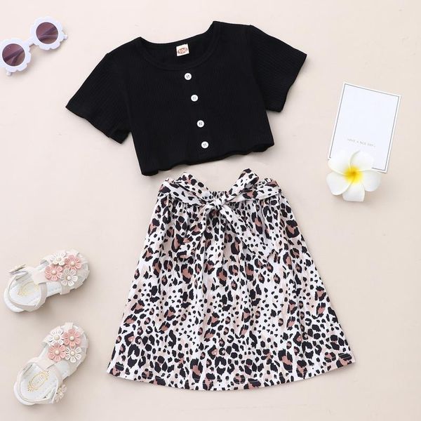 

clothing sets children girls toddler baby kids short sleeve bow leopard print skirt clothes summer 2021 outfits, White