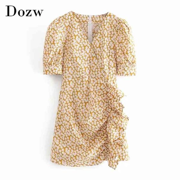 Vintage Floral Impressão Mini Dress Mini Mulheres Puff Manga Curta Elegante Partido Senhoras Boho V Neck Verão ES 210515