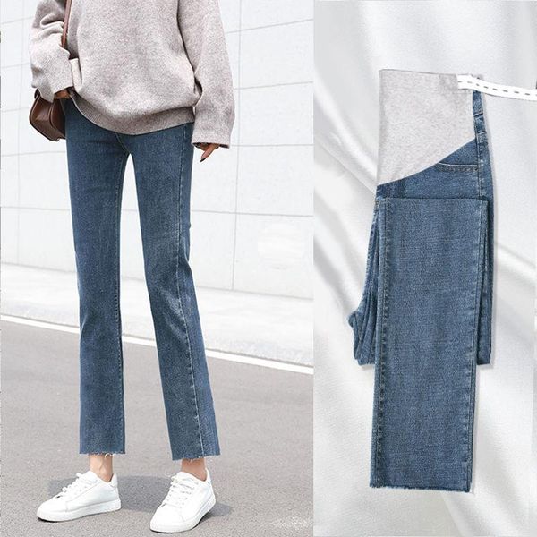 

washed denim maternity ninth pants jeans straight loose cotton elastic belly for pregnant women pregnancy summer autumn bottoms, White
