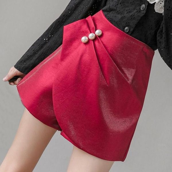 

korean style womens ladies high waisted fashion pearls pleated red white black shorts , casual skirts for woman women's