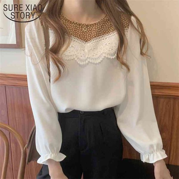 

spring o neck blouse women loose floral print flare sleeve chiffon shirt lace hollow patchwork lady blusas 13287 210421, White